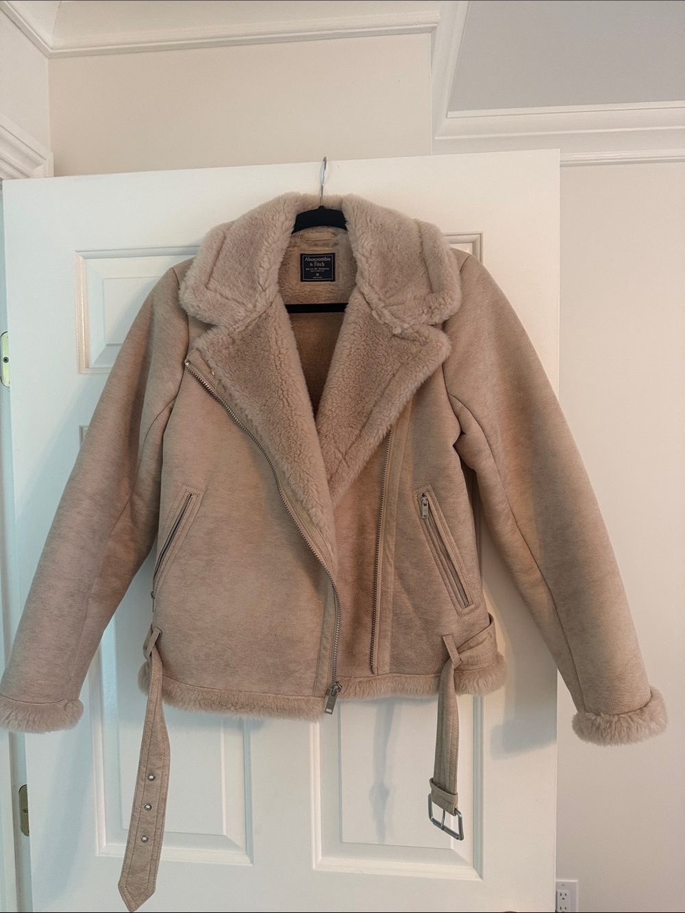 Abercrombie & Fitch Beige Faux Shearling Moto Jacket